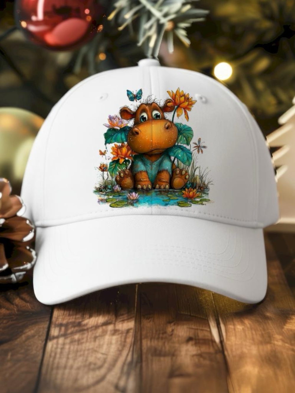 Kids Cute Hippo White Baseball Cap with Colorful Floral Print